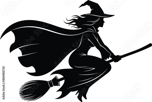 Flying witch silhouette riding broomstick, Halloween fantasy and magic folklore character, spooky costume icon, black and white vector illustration for seasonal design