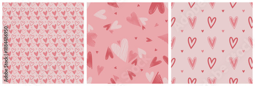 Set of Valentine seamless surface pink patterns with hand drawn hearts. Vector illustration