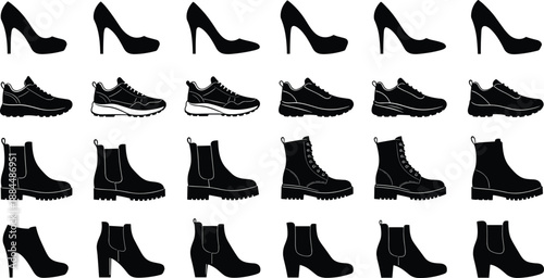 Footwear fashion icons vector illustration set with high heels sneakers and boots, black silhouette shoes collection for apparel design, retail, style concepts