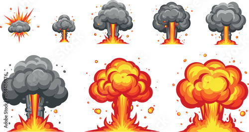 Dramatic cartoon mushroom cloud explosion vector set with fire blast and smoke effects for action design