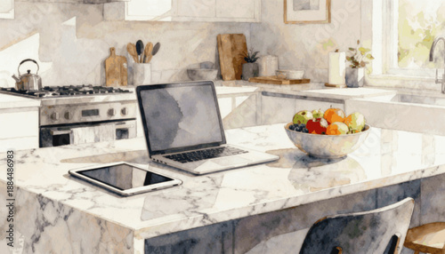 Work and Cook Kitchen Office isolated watercolor vector illustration svg