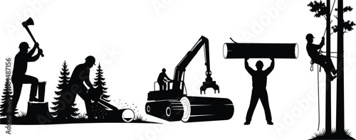 Forestry worker silhouettes performing logging tasks with axe, chainsaw, heavy machinery and timber handling, detailed black forest industry vector illustration, professional lumberjack equipment