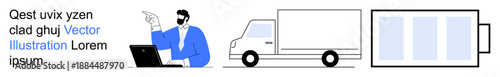 Logistics, delivery services, technology, renewable energy, transportation, supply chain. Delivery truck, person working on a laptop battery icon. Logistics and delivery services ideas