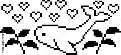 Whale and hearts pixel art illustration with sea plants cute minimal marine animal design in retro black and white