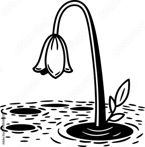 Wilted flower with drooping stem in water with leaf and ripples illustration