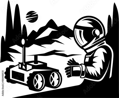 Astronaut exploring alien landscape with remote rover, mountains and celestial body in the background