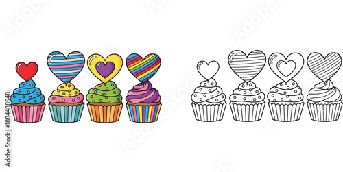 Cute kawaii rainbow cupcake vector illustration with heart topper and black and white coloring book outline for kids.