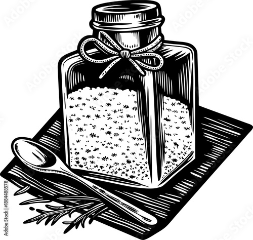 Vintage glass jar filled with coarse salt, tied with decorative bow, with wooden spoon and rosemary sprigs on cloth