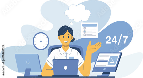 Customer service agent works at a desk providing assistance twenty-four hours a day.