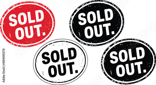 Four distressed rubber stamps display the text message sold out in red and black.