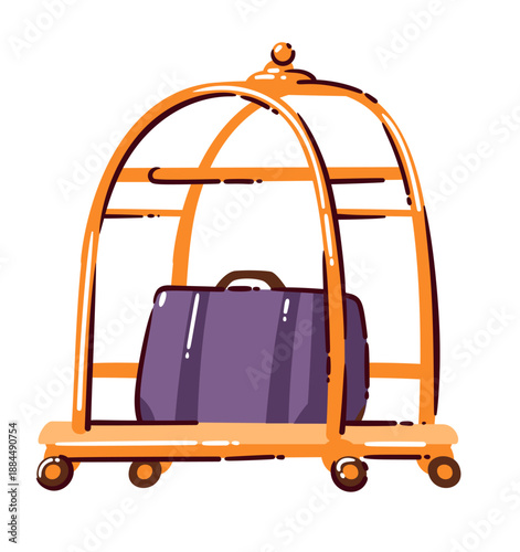 Luggage cart with suitcase, metal bellhop trolley on wheels, travel baggage transport object with rounded frame and handle. Cartoon doodle style, clean shapes, outline vector illustration.