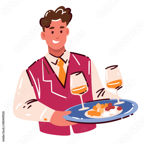 Waiter holding serving tray with wine glasses and appetizers, professional service scene. Restaurant waiter uniform, food and drink set, cartoon doodle style, outline vector illustration.