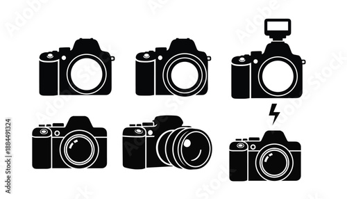 Camera vector black silhouette icons different photography equipment and devices