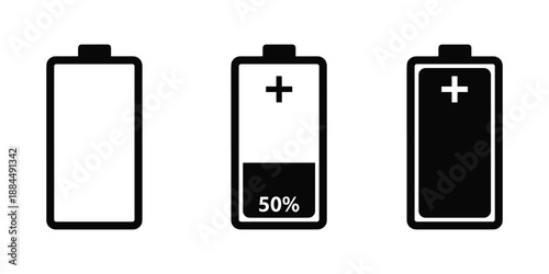 Battery vector charge level indicators empty half full energy status icons