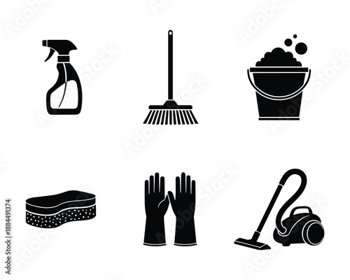 Cleaning vector tools and supplies set silhouette icons for household chores