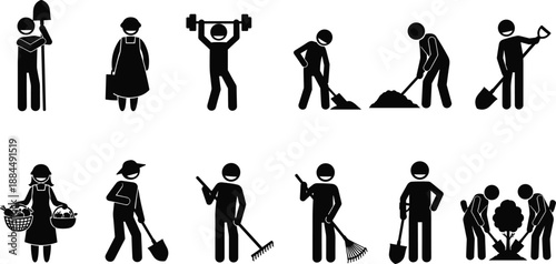 People working and exercising silhouettes set, gardening, farming, digging, harvesting and fitness activities, healthy lifestyle labor concept vector illustration