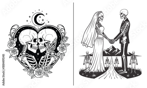 Gothic Wedding Skeleton Couple Illustration Set, Dark Romantic Bride and Groom Love Artwork for Alternative Wedding and Valentine Designs