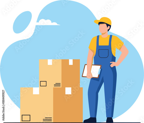 Warehouse worker in overalls with clipboard standing next to cardboard boxes for logistics and inventory management concepts.