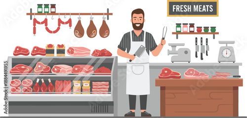 Butcher Shop Illustration Set Featuring Meat Display Counter, Cutting Tools, Fresh Cuts, Hanging Sausages, and Professional Butcher in Vector Style