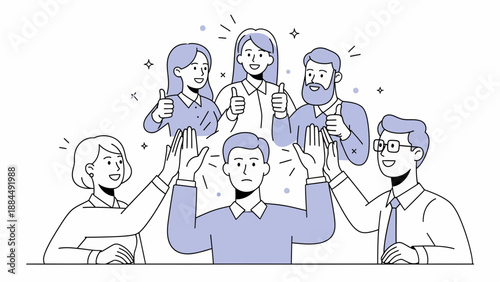 Five People Discuss Success with Thumbs-Up in a Bright Office Discussion