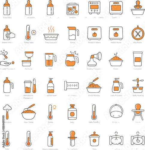 Professional vector icons for baby feeding infant nutrition nursery care and newborn health essentials.
