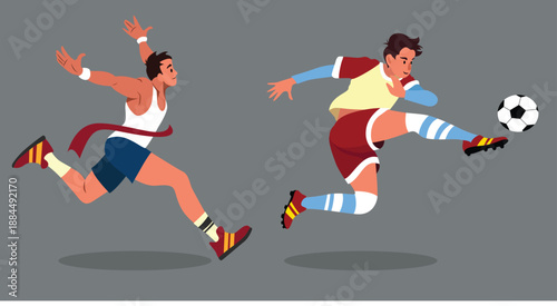 A flat-style illustration of two male athletes: one runner crossing a red finish line and one soccer player in mid-air kicking a ball,