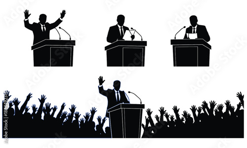 Politician speech silhouettes set at podium with audience cheering, leadership election campaign public speaking black vector illustration