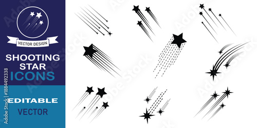 Shooting stars icons, flying comet symbols with tail. Shooting star sign for your web site design, logo, app and UI. Abstract galaxy element. Vector illustration.