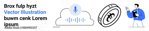 AI integration, voice commands, fintech, cloud storage, cryptocurrency, remote access. A microphone on a cloud, audio waves a coin icon and a person pointing. AI integration and cryptocurrency