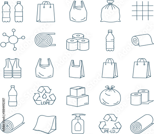 Professional vector icons for plastic waste recycling sustainable packaging materials and industrial environmental logistics.