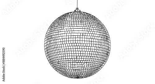 Line drawing of a disco ball hanging from a ceiling. It features detailed square mirrors, conveying a retro, festive atmosphere. Thin vertical wire visible.