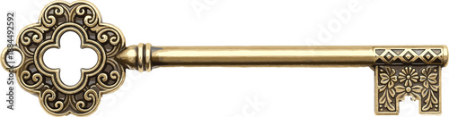 Vintage ornate golden skeleton key vector illustration featuring antique brass decorative filigree details and floral patterns isolated on a white background for concepts.