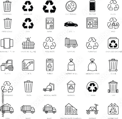 Professional vector icon set for recycling waste management and environmental sustainability logistics.