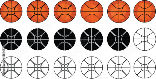 Professional basketball icon set featuring various ball designs in orange, black, and outline styles for sports branding, tournament logos, and athletic equipment graphics.