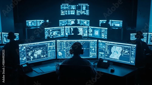 Cybersecurity Control Room Operator Monitoring Multiple Screens.
