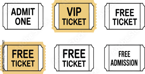 Various ticket designs show options for admission, VIP access, and free entry.