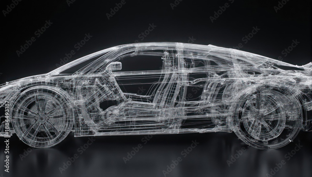 Naklejka premium Transparent vehicle rendering, showing internal structure on dark background