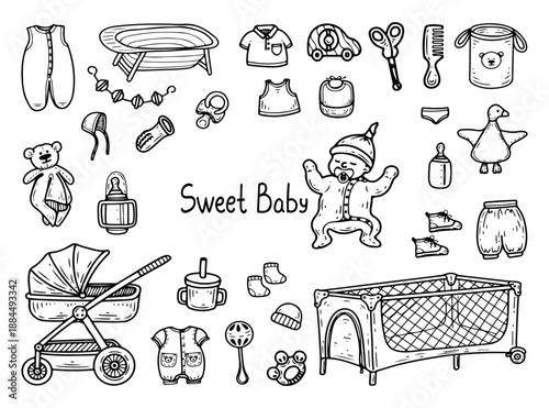 Sweet baby set. Hand drawn doodle vector elements. Newborn items stroller, crib, clothes, toys, pacifier, rattle, bathtub. Child. Pregnancy, childbirth. Line art illustration.