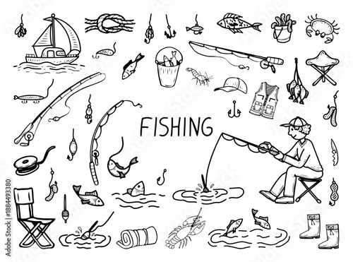 Fishing season set. Hand drawn doodle vector. Boat. Spinning rod, reel, hook, bait, wobbler, float. Fish. Summer sport. Men outdoor recreation. Ocean, sea. Line art illustration. Collection elements.