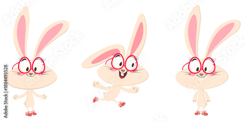 Cute cartoon bunny character vector set with red glasses and pink shoes, shown in different poses. Friendly animal character clip art in flat style.