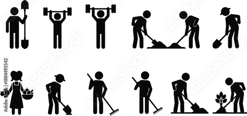 People working and exercising icons set, gardening, farming, digging and weightlifting activities, healthy lifestyle and labor concept vector illustration