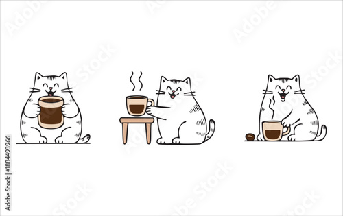 illustration art cute cat coffee character sticker design. cat with coffee collection