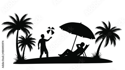 a relaxing beach scene with palm trees a person and an umbrella silhouette