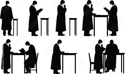 Priest religious ceremony silhouettes set, clergy reading praying counseling people, church ritual faith black vector illustration collection