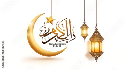 Golden crescent moon, star, Arabic calligraphy, and ornate lanterns, celebrating a religious holiday on a white background
