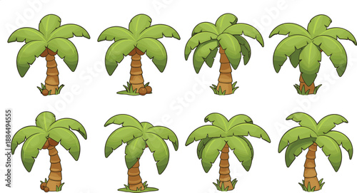 Coconut Palm Tree Illustration Set Featuring Tropical Palm Variations with Green Fronds, Curved Trunks, and Island-Themed Botanical Elements