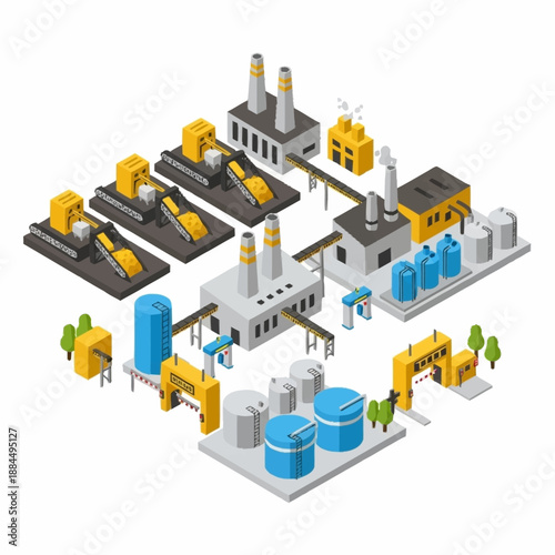 Isometric Industrial Factory Complex with Production Lines.