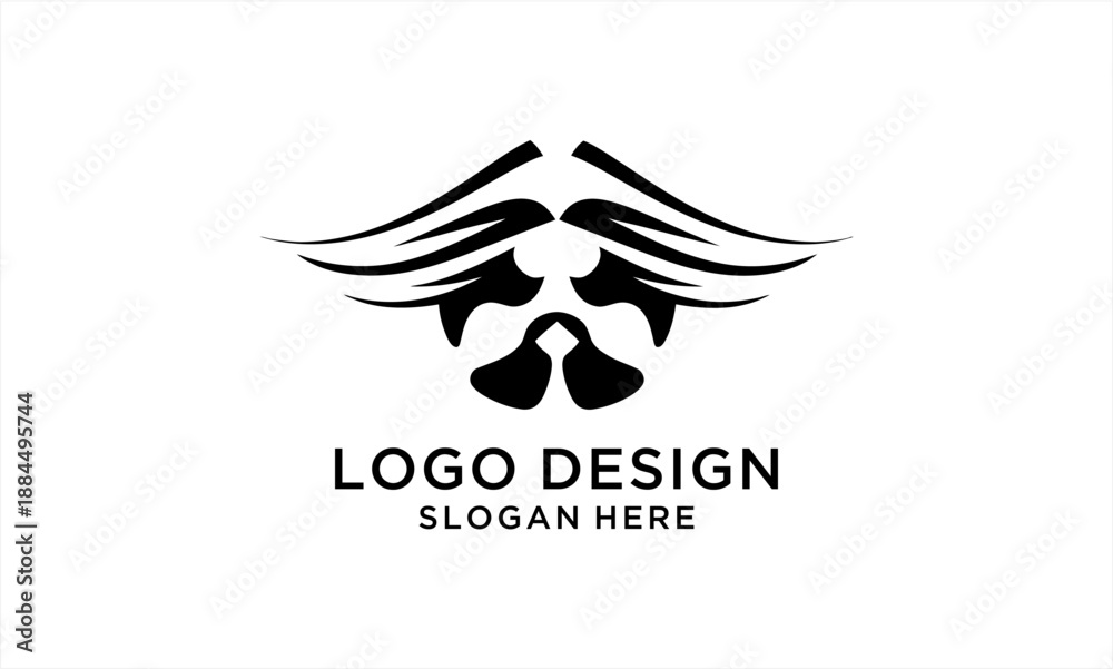 Fototapeta premium Abstract black and white logo design with symmetrical winged elements and a central stylized face or mask motif.