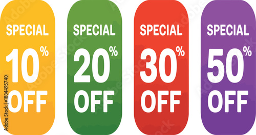 Four colorful tags display various percentage discounts for retail promotions.