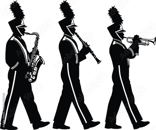Marching band musician silhouettes playing saxophone, clarinet and trumpet, isolated on white background, parade and music performance collection for festival, school and event design.